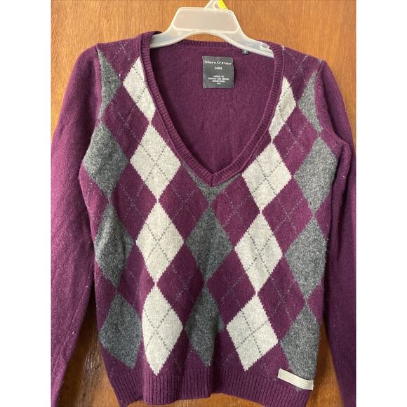 Marc O'Polo Core Lambswool V-Neck Pullover Sweater Burgundy Argyle Style Gray - Picture 3 of 9